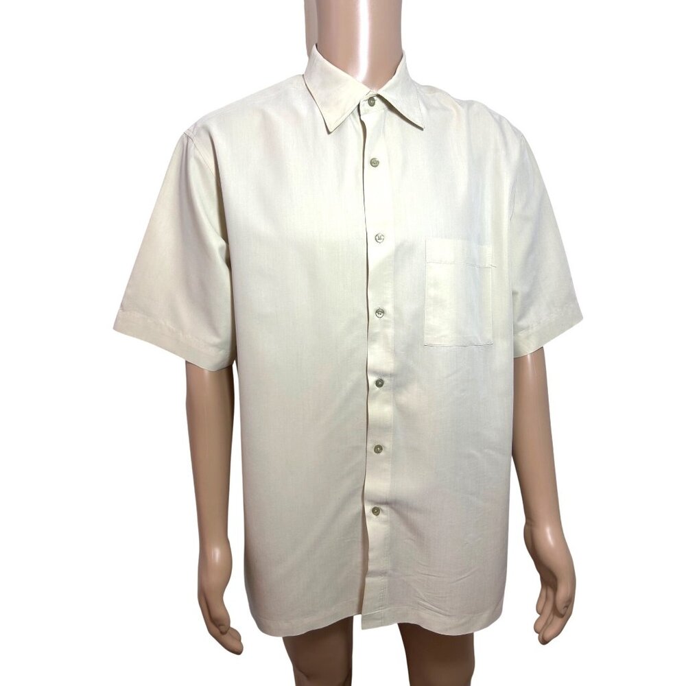 Alfani Men’s Button Up Shirt L Pale Yellow Short Sleeve Vtg Chest Pocket Casual